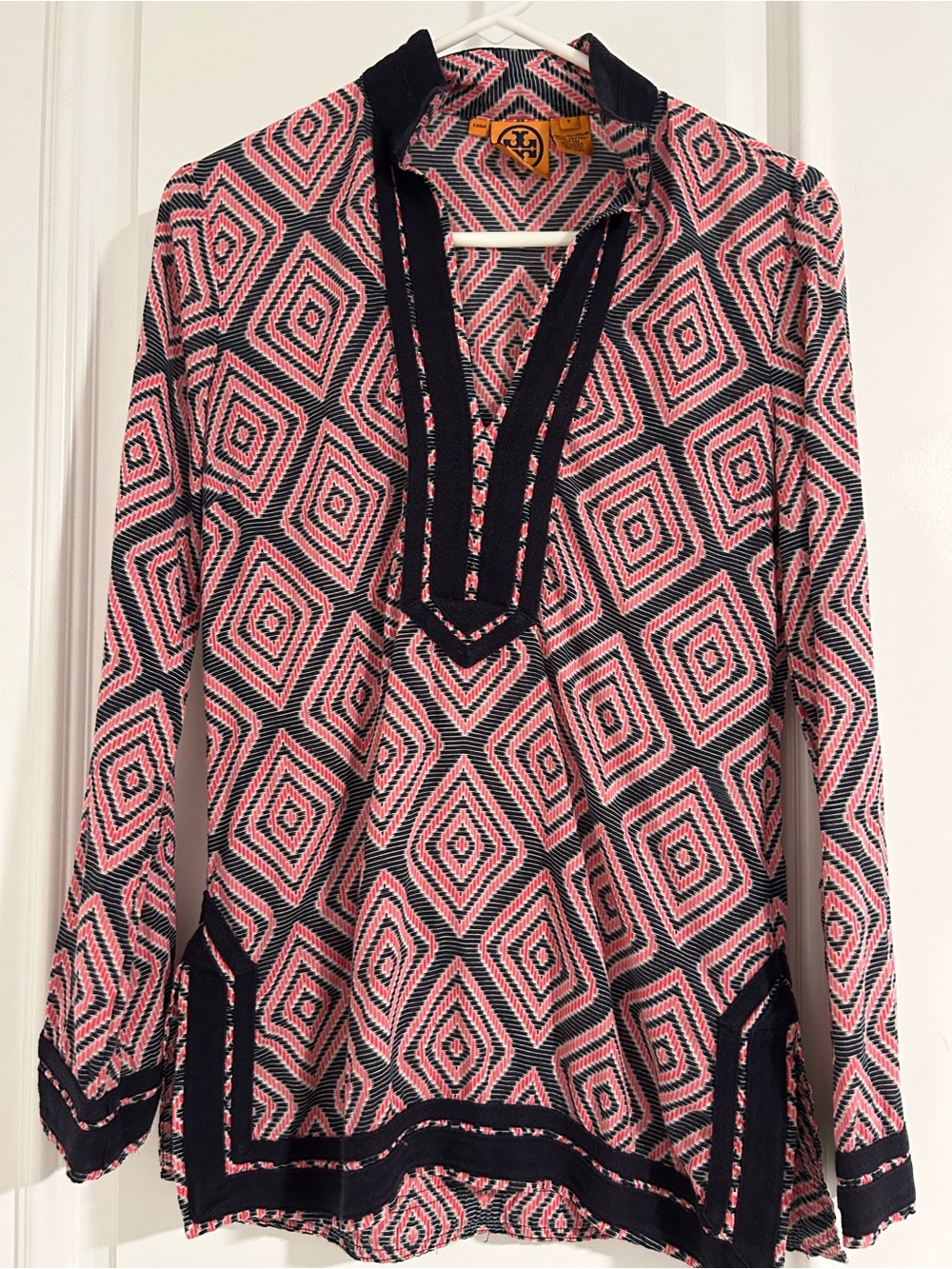 Tory Burch Pink and Black Geometric V-Neck Tunic Top